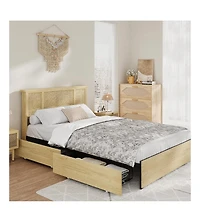 Gaomon Full Bed Frame with Natural Rattan Headboard, 4 Storage Drawers, Slats, Bohemian-Style Cane Mattress Support