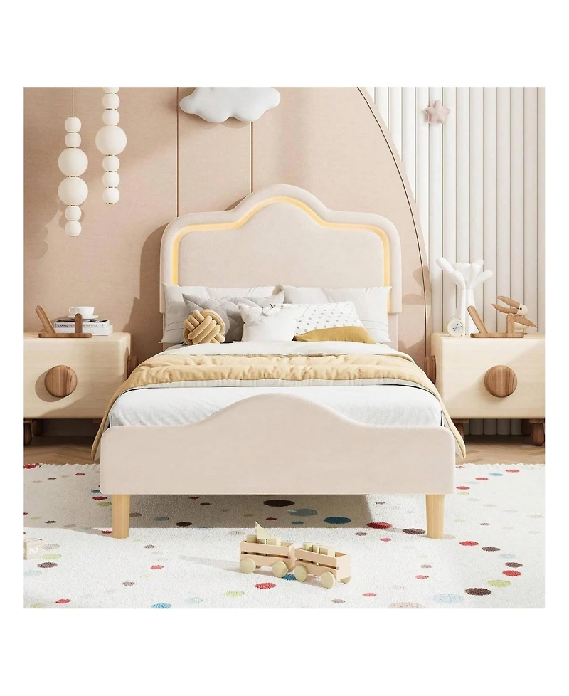 Gaomon Upholstered Led Bed Frame with Headboard and Footboard Velvet Princess Platform Bedframe for Kids or Girls Wooden Slats Support No Box Spring