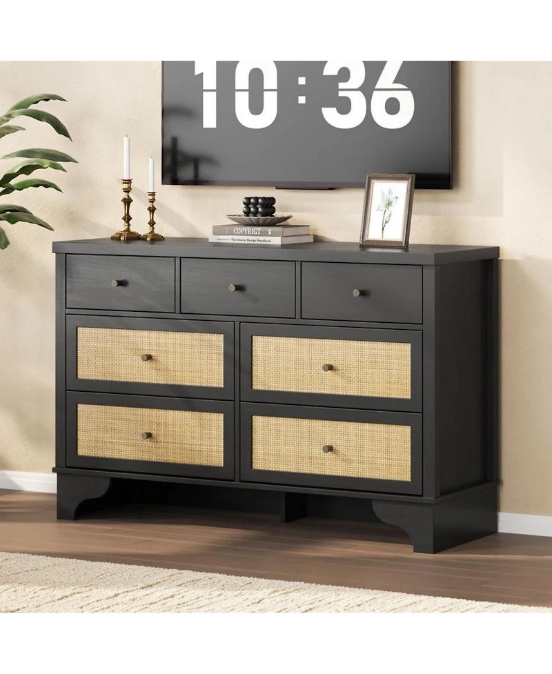 gaomon 7-Drawer Modern Dresser for Bedroom, Wood Chest with Natural Rattan Fronts, Sturdy Base, Organizer for Living Room, Entryway, Hallway