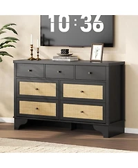 gaomon 7-Drawer Modern Dresser for Bedroom, Wood Chest with Natural Rattan Fronts, Sturdy Base, Organizer for Living Room, Entryway, Hallway