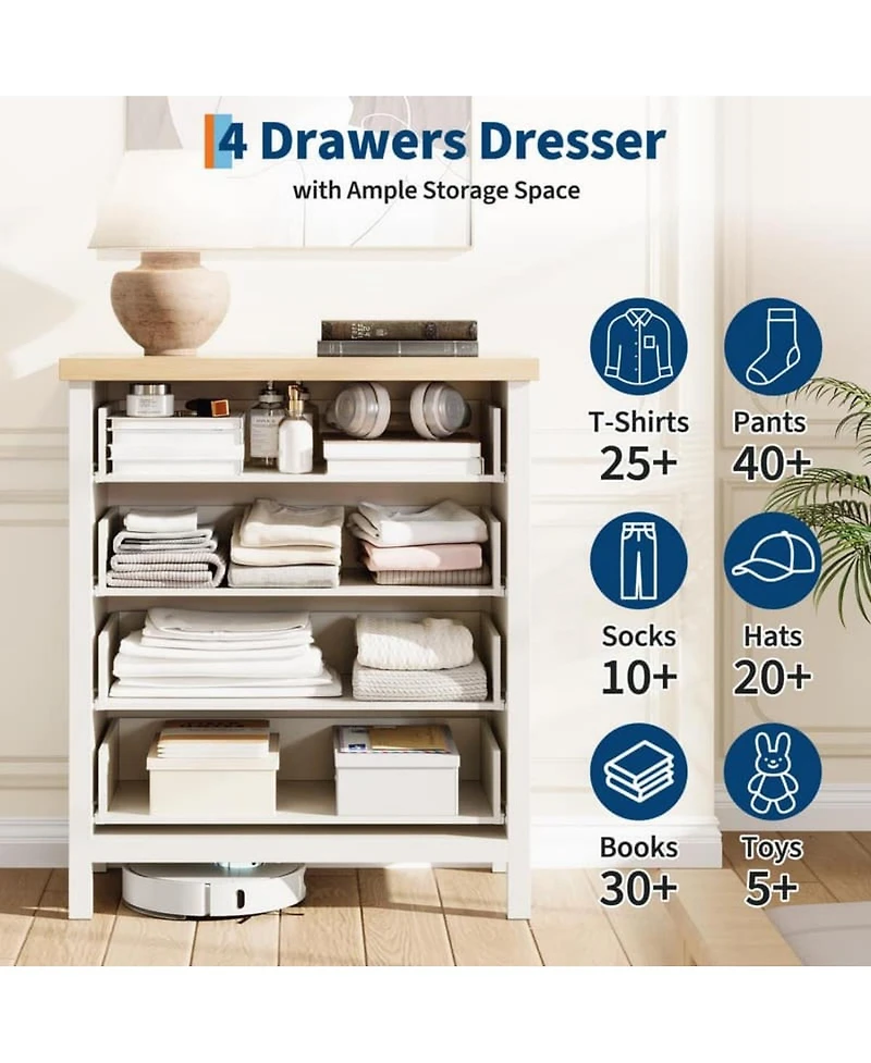 gaomon 4-Drawer Modern Fluted Dresser Bedroom Chest, Fluted Drawers with Metal Handle, Large Storage Cabinet for Nursery, Living Room