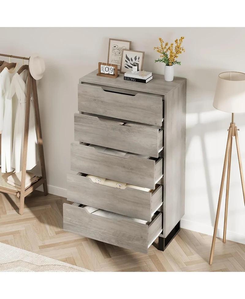 gaomon 5-Drawer Vertical Dresser, 50.5" Tall, Freestanding Wooden Chest, Closet Storage for Bedroom, Living Room, Hallway, Gray