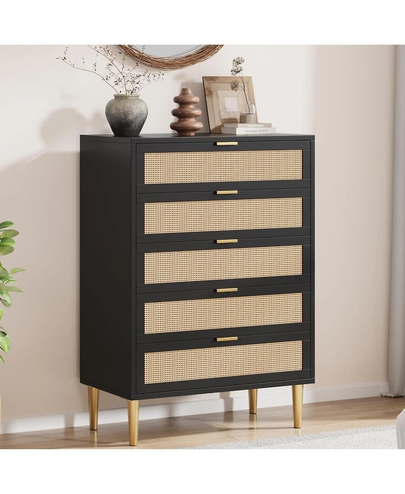 gaomon 5-Drawer Rattan Dresser, 44" Tall, Farmhouse Wood Vertical Chest with Metal Legs & Handles, Bedroom, Living Room, Black
