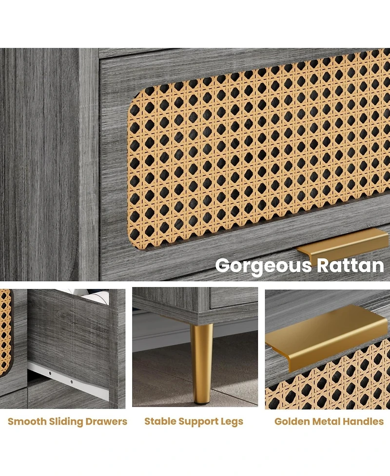 gaomon 6-Drawer Double Dresser, 47" Wide, Modern Wood Chest, Rattan Storage for Bedroom, Living Room, Hallway, Gray