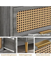 gaomon 6-Drawer Double Dresser, 47" Wide, Modern Wood Chest, Rattan Storage for Bedroom, Living Room, Hallway, Gray