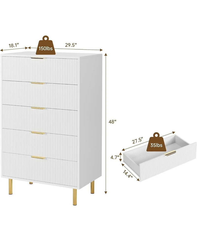 gaomon 5-Drawer Modern White Dresser, Wood Chest Organizer with Gold Handle, Tall Cabinet for Bedroom, Living Room, Entryway
