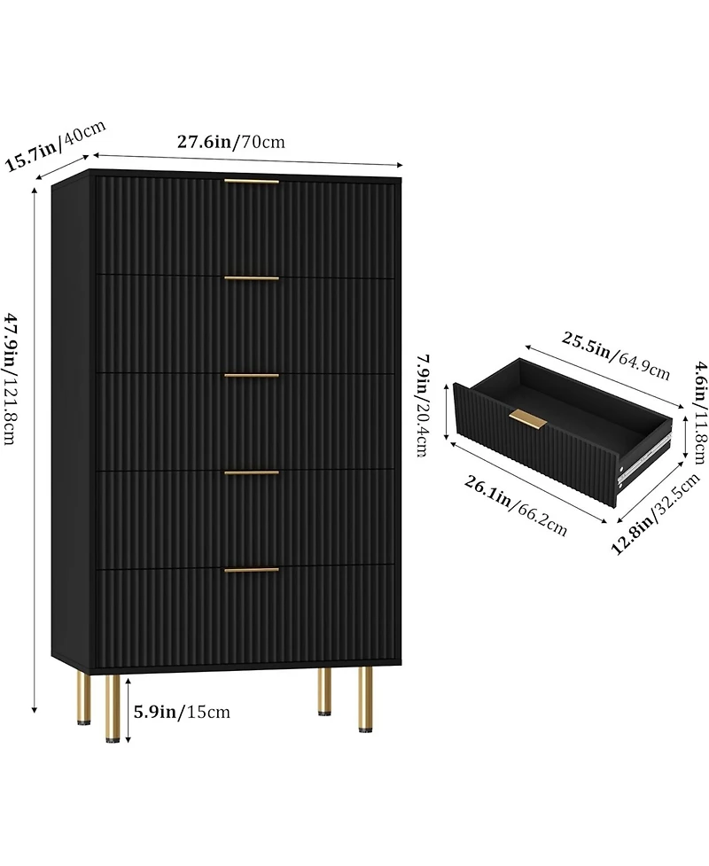 gaomon 47.9" Wood Chest, Modern Storage Cabinet with Metal Handle - 5-Drawer Tall Dresser