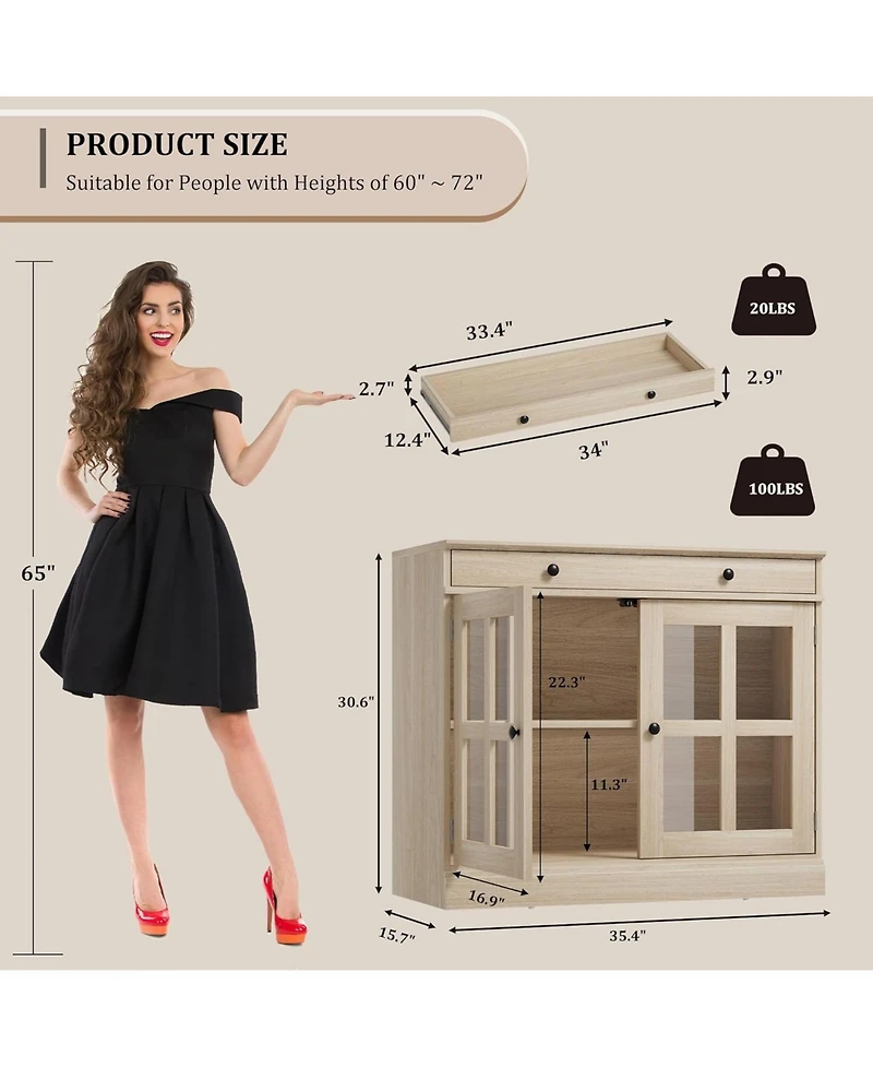 gaomon 35.4 Inch Oak Sideboard Buffet Cabinet, Glass Door, Drawer Storage, Modern Dining Room, Kitchen Cabinet