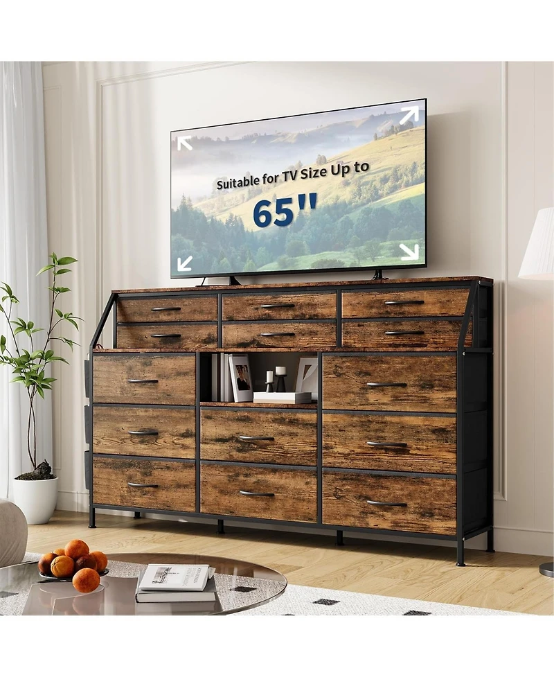 gaomon 14 Foldable Fabric Drawer Dresser with Wood Top, Tv Stand, Open Shelves, Metal Frame, Bedroom, Living Room