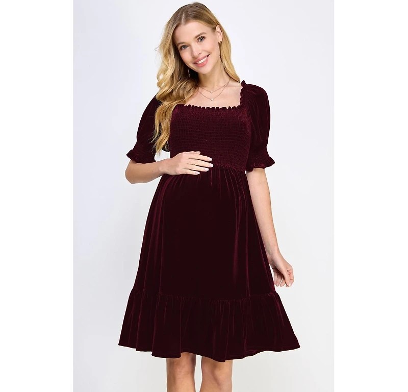 Hello Miz Maternity Velvet Empire Waist Puff Sleeve Smocked Neck Dress