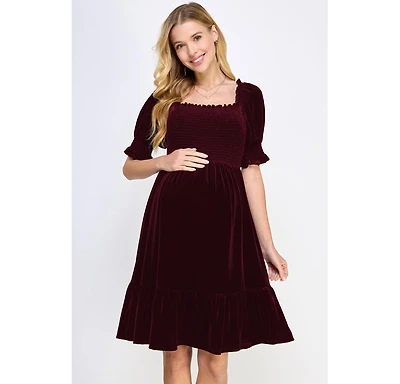 Hello Miz Maternity Velvet Empire Waist Puff Sleeve Smocked Neck Dress