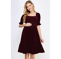 Hello Miz Maternity Velvet Empire Waist Puff Sleeve Smocked Neck Dress