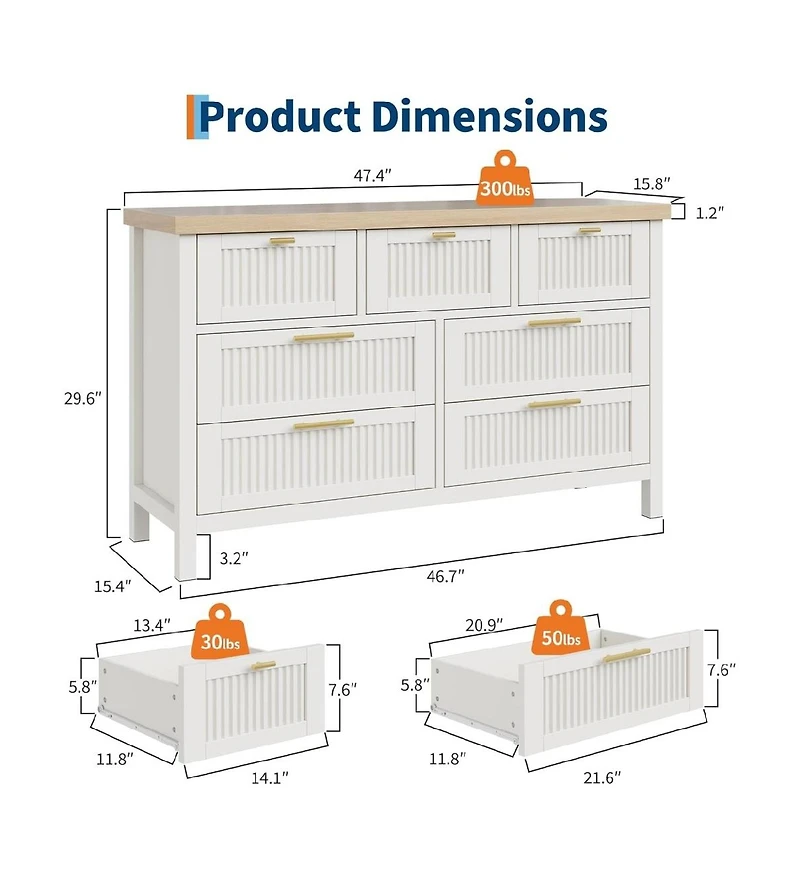 gaomon 7 Drawer Dresser with Textured Fronts, Wide Storage Chest for Bedroom, Living Room, Entryway, Tv Stand