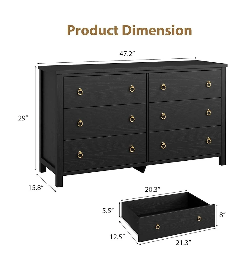 gaomon Dresser for Bedroom with 6 Drawers, 47inch Wide Chest of Large Drawers with Large Clothes Storage Cabinet, Wood Bedroom Dresser Tv Stand