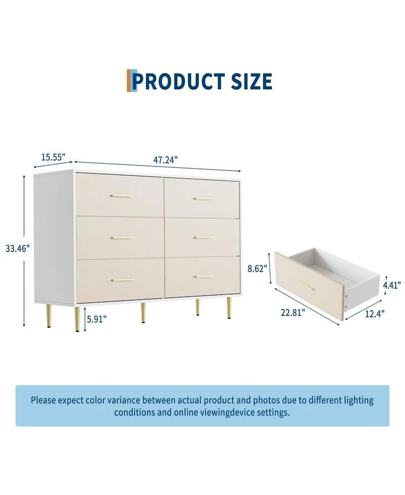 gaomon 6-Drawer Modern White Wood Dresser with Gold Metal Legs & Handles Large Storage Cabinet for Bedroom, Living Room, Entryway