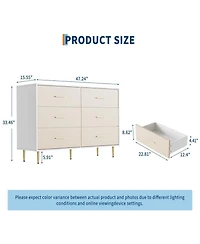 gaomon 6-Drawer Modern White Wood Dresser with Gold Metal Legs & Handles Large Storage Cabinet for Bedroom, Living Room, Entryway