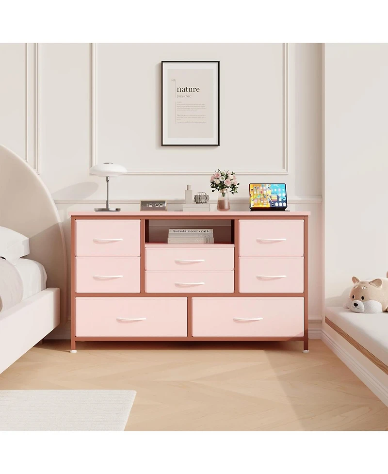 gaomon 8-Drawer Dresser Tv Stand with Led Lights & Charging Station, 55" Entertainment Center Storage, Rustic Brown, Pink