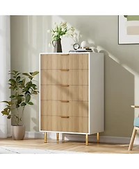 gaomon 5-Drawer Modern Natural Dresser, Wood Chest Organizer with Gold Handle, Tall Cabinet for Bedroom, Living Room, Entryway