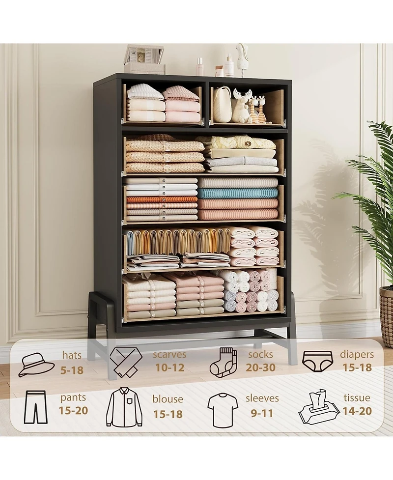 gaomon 4+2 Drawer Black Polished Engineered Wood Dresser, Chic Cabinet Legs, Waterproof Top, Anti-Tip, Modern Bedroom Storage