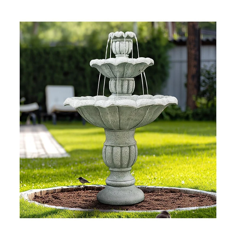 SunJet 39.3”H 3-Tier Outdoor Floor Water Fountain – Concrete Cascading Fountain with Pump for Garden, Patio, Yard & Home Decor