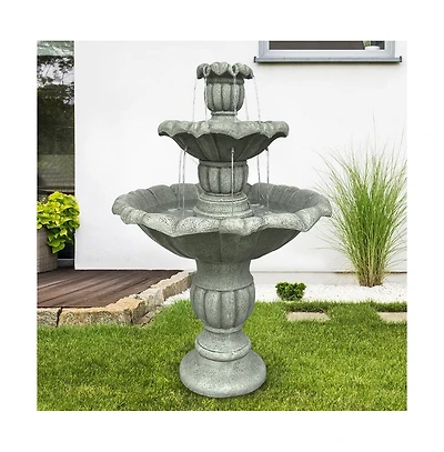 SunJet 39.3”H 3-Tier Outdoor Floor Water Fountain – Concrete Cascading Fountain with Pump for Garden, Patio, Yard & Home Decor