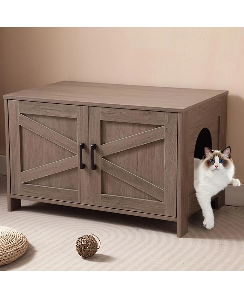 Zeus & Ruta Greige Barn Door Cat Litter Box Enclosure End Table