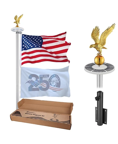 Yescom 25' Heavy Duty Flag Pole Kit with Solar Light & Deck Mount Bravery Mega 13 Gauge Aluminum Sectional Flagpole for Outdoor Patio Dock Side Silver