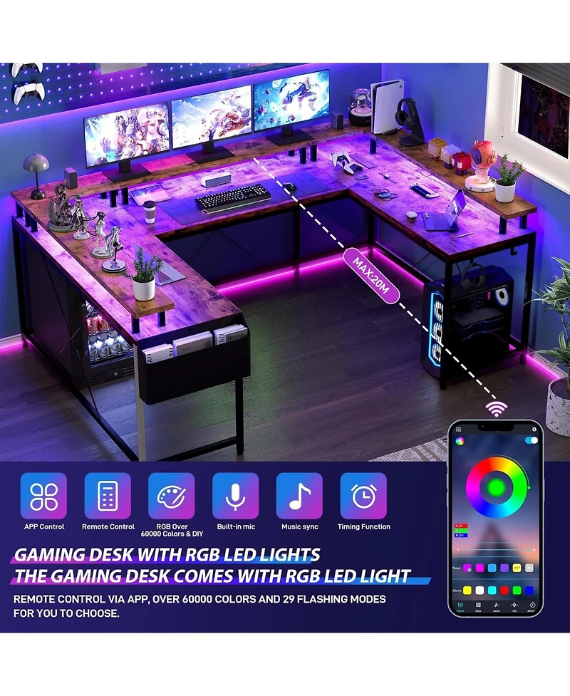 gaomon 78" U-Shaped Computer Desk with Power Outlets & Rgb Led, Reversible L-Shaped Home Office Desk with Storage