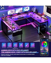 gaomon 78" U-Shaped Computer Desk with Power Outlets & Rgb Led, Reversible L-Shaped Home Office Desk with Storage