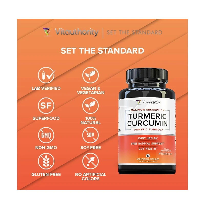 Vitauthority Turmeric Capsules with Bioperine Black Pepper, Antioxidant Support for Healthy Joints and Inflammation Relief, 60 ct