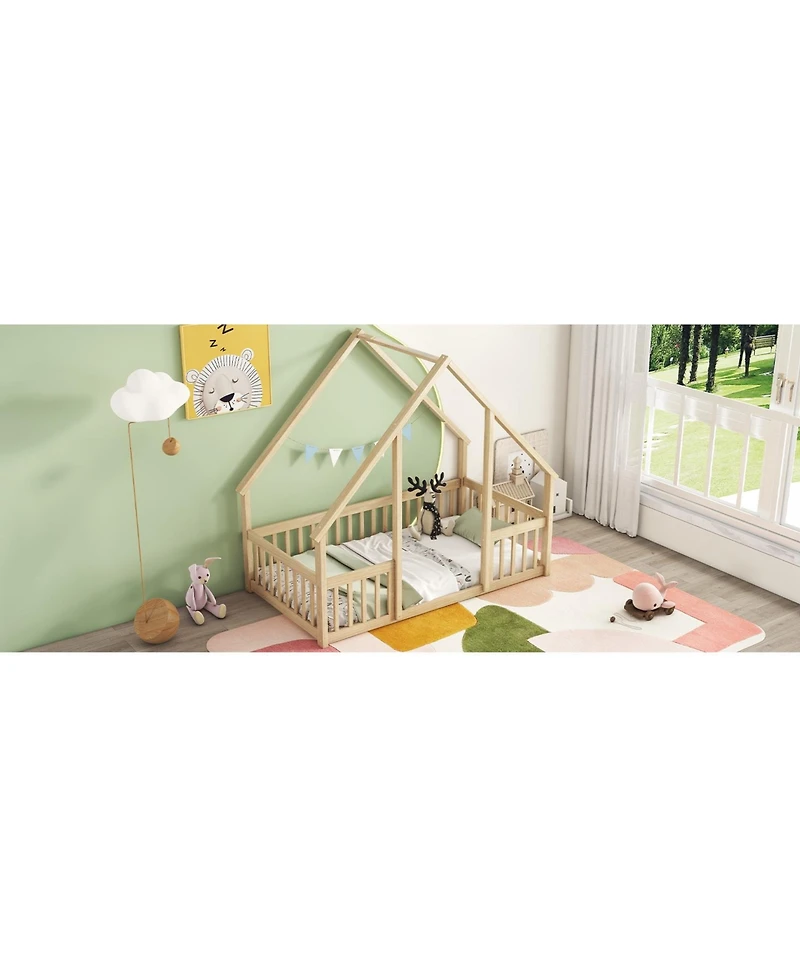 Simplie Fun Twin Wood House-Shaped Floor Bed with Fence, Guardrails, Natural
