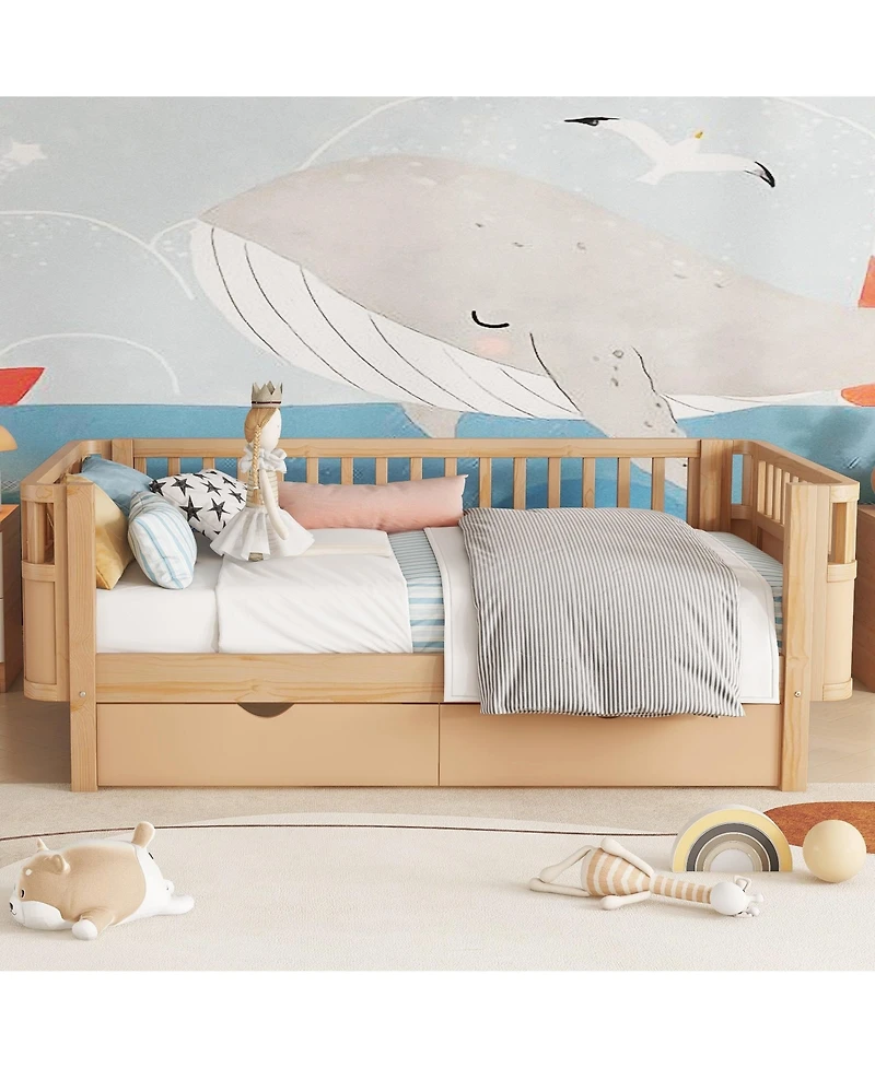 Boyel Living Twin Size Wood Platform Bed for Kids, Low Profile Twin Bed with 2 Wheeled Drawers & Rails