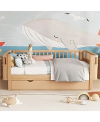 Boyel Living Twin Size Wood Platform Bed for Kids, Low Profile Twin Bed with 2 Wheeled Drawers & Rails