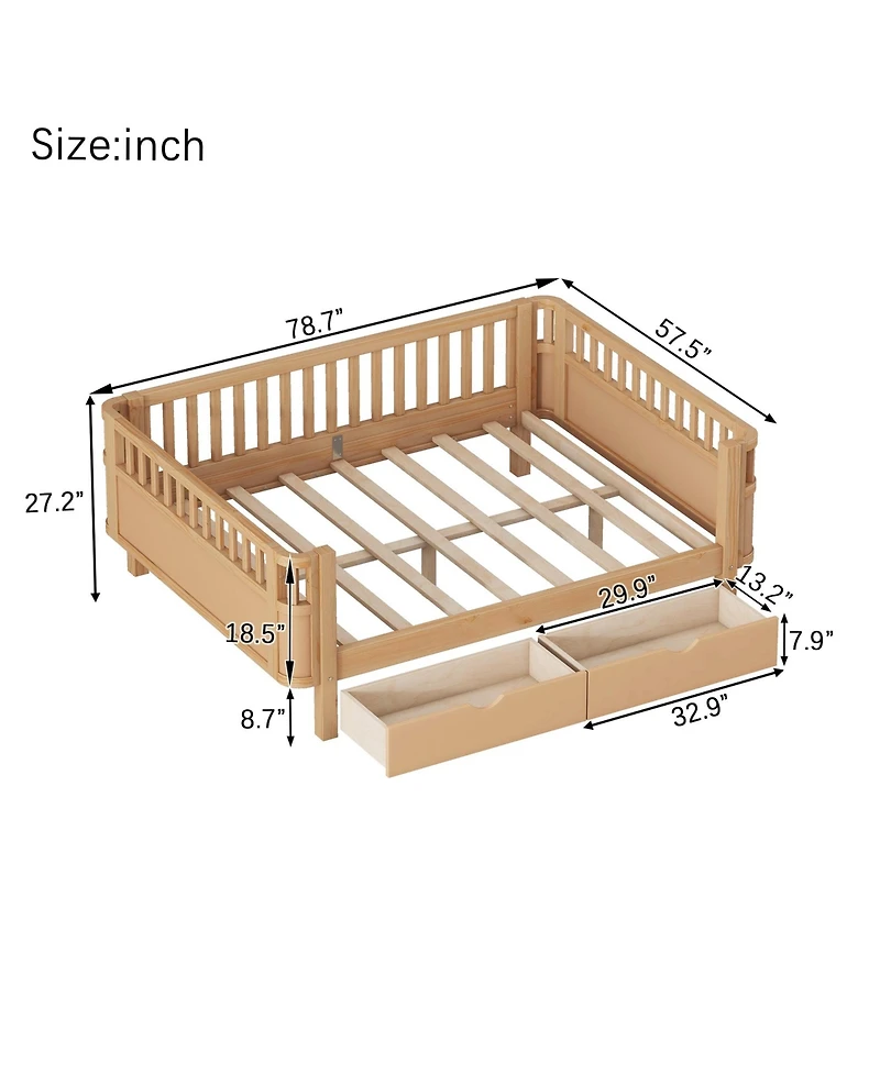 Full Size Wood Platform Bed for Kids, Low Profile Bed with 2 Wheeled Drawers & Rails