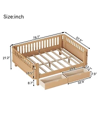 Full Size Wood Platform Bed for Kids, Low Profile Bed with 2 Wheeled Drawers & Rails
