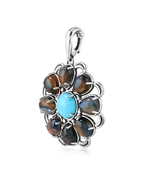 American West Jewelry Sterling Silver Blue Pietersite and Kingman Turquoise Flower Pendant Enhancer
