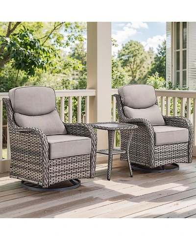 Gymojoy Crescent Swivel Glider Wicker Patio Conversation Set with Olefin 6 In. Thick Cushions/End Table (3-Piece)