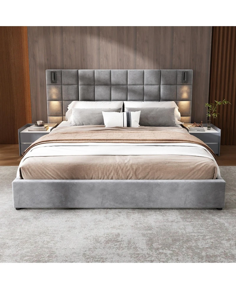 Streamdale Furniture Streamdale King Size Velvet Upholstered Bed Frame with Wall Sconce & Usb, Gray