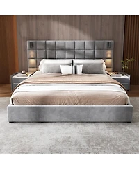 Streamdale Furniture Streamdale King Size Velvet Upholstered Bed Frame with Wall Sconce & Usb, Gray