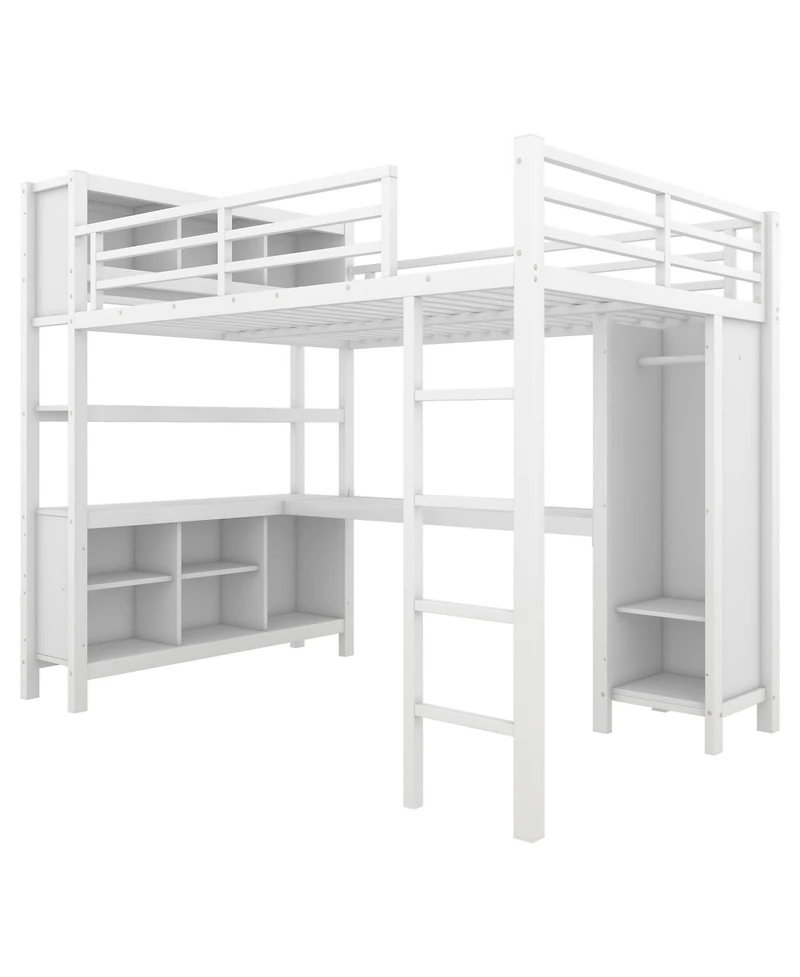 Streamdale Furniture White Metal Loft Bed with Wardrobe, Desk & Storage