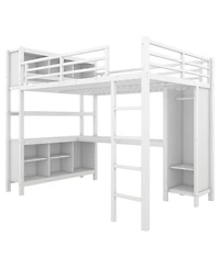 Streamdale Furniture White Metal Loft Bed with Wardrobe, Desk & Storage