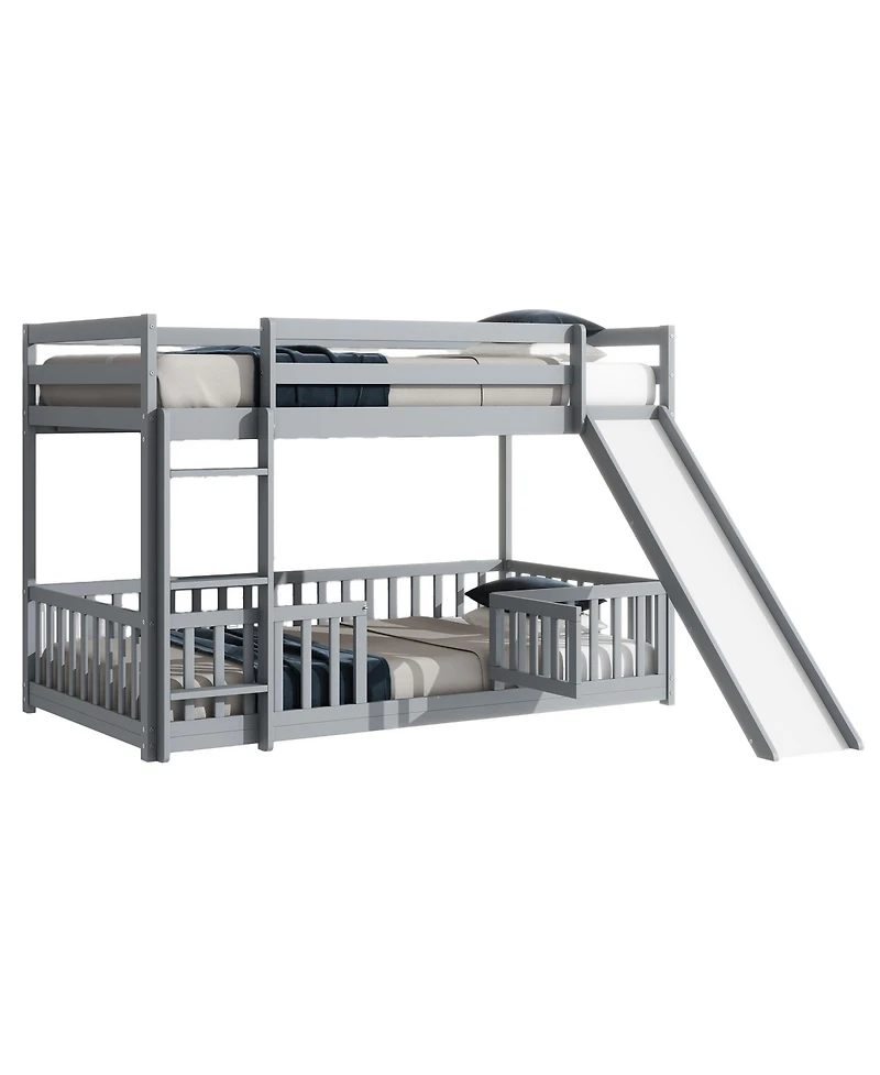 Streamdale Furniture Twin Over Twin Floor Bunk Bed with Slide, Ladder, Door, Safety Guardrails, Solid Pine Wood Bunk Bed
