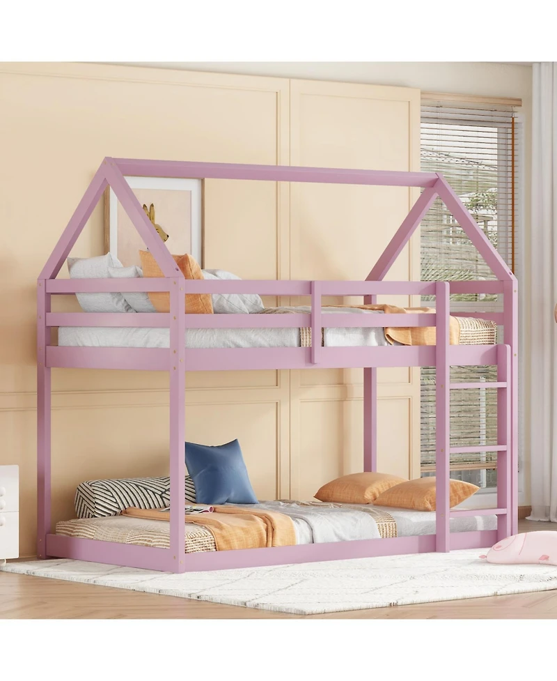 Streamdale Furniture Twin over Twin Rubber Wood Floor Bunk Bed, with ladder,Guardrails,House-Shaped-Bunk Bed