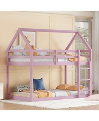 Streamdale Furniture Twin over Twin Rubber Wood Floor Bunk Bed, with ladder,Guardrails,House-Shaped-Bunk Bed