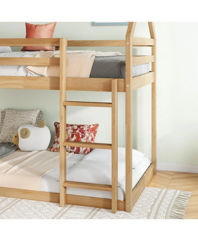 Streamdale Furniture Twin over Twin Rubber Wood Floor Bunk Bed, with ladder,Guardrails,House-Shaped-Bunk Bed,White oak