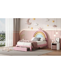 Streamdale Furniture Twin Velvet Princess Platform Bed with Storage, Upholstered Rainbow Design