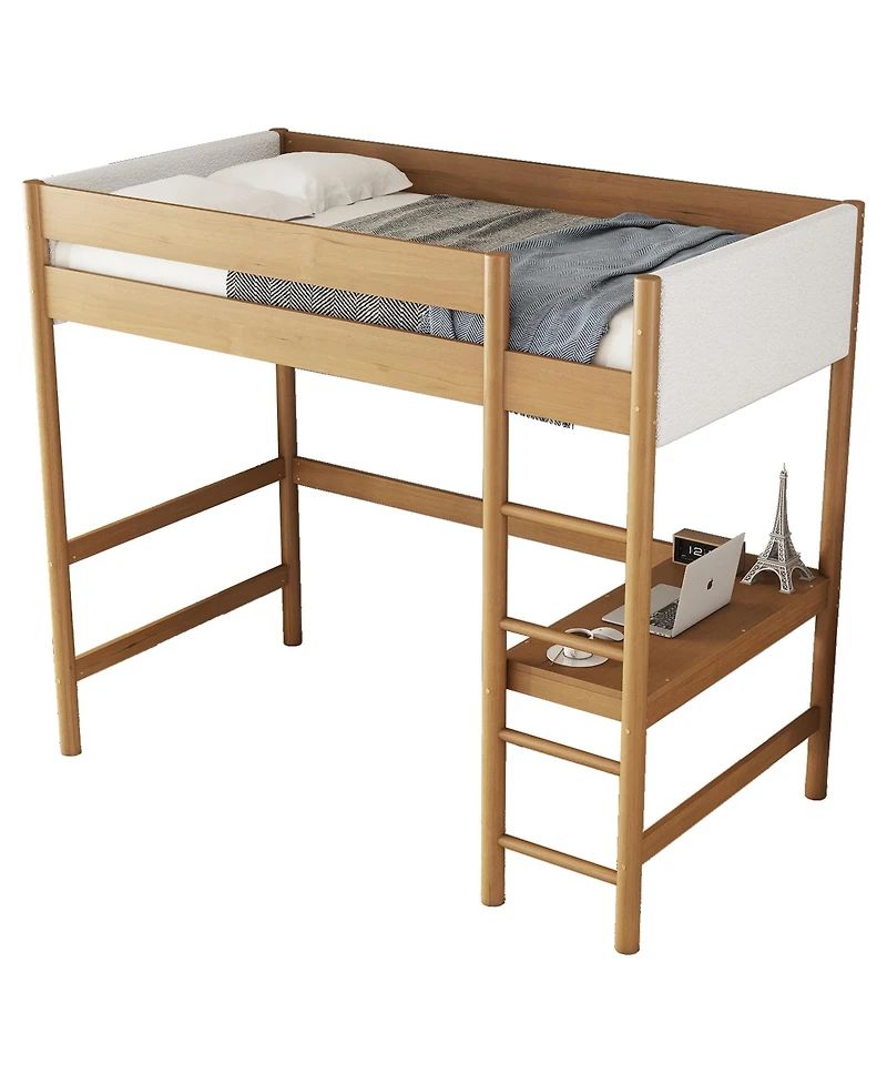 Streamdale Furniture Upholstered Twin Loft Bed with Desk, Safety Rails, Teddy Fleece Headboard