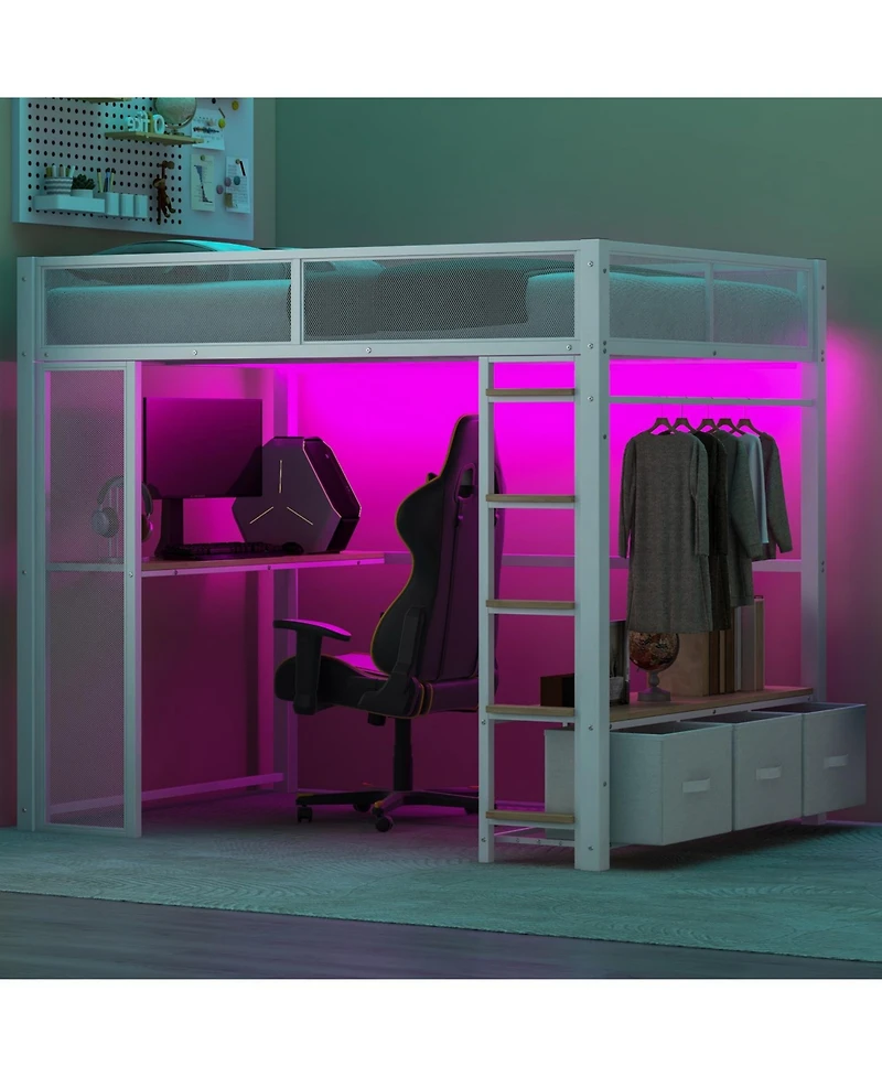 Streamdale Furniture Full Size Metal Gaming Loft Bed with Led, Desk, Open Wardrobe and 3 Linen Storage Drawers, White