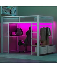 Streamdale Furniture Full Size Metal Gaming Loft Bed with Led, Desk, Open Wardrobe and 3 Linen Storage Drawers, White