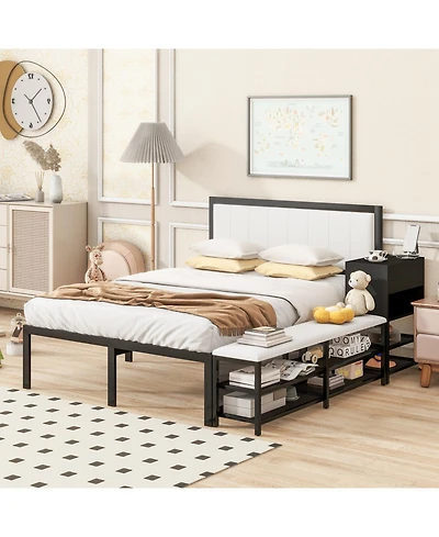 Streamdale Furniture Metal Platform Bed with Two-Tier Storage Shelves, Wooden Cabinet